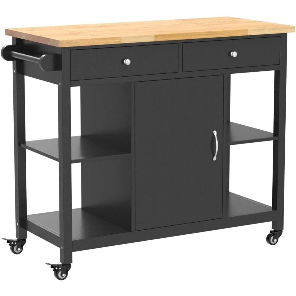 ChooChoo Kitchen Islands on Wheels with Wood Top, Utility Wood Movable Kitchen Cart with Storage and Drawers, Black