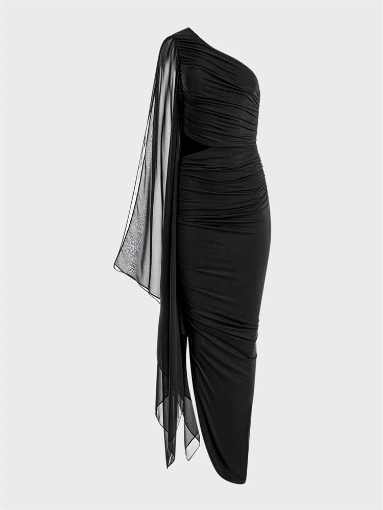 

New Arrival One Shoulder Neckline Exaggerated Long Sleeve Sheath Evening Dress Back Zipper Floor Length Side Slit Gown For Women