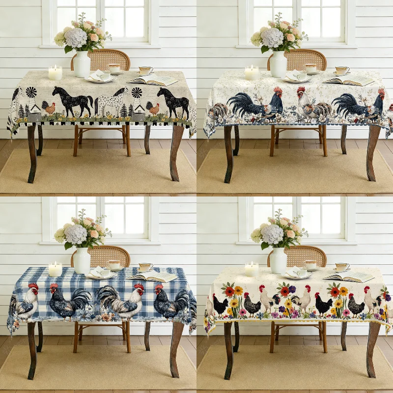 

Farmhouse Tablecloth Rectangle White Blue Animal Barnyard Kitchen Dining Table Decor for Spring Summer Restaurants Parties