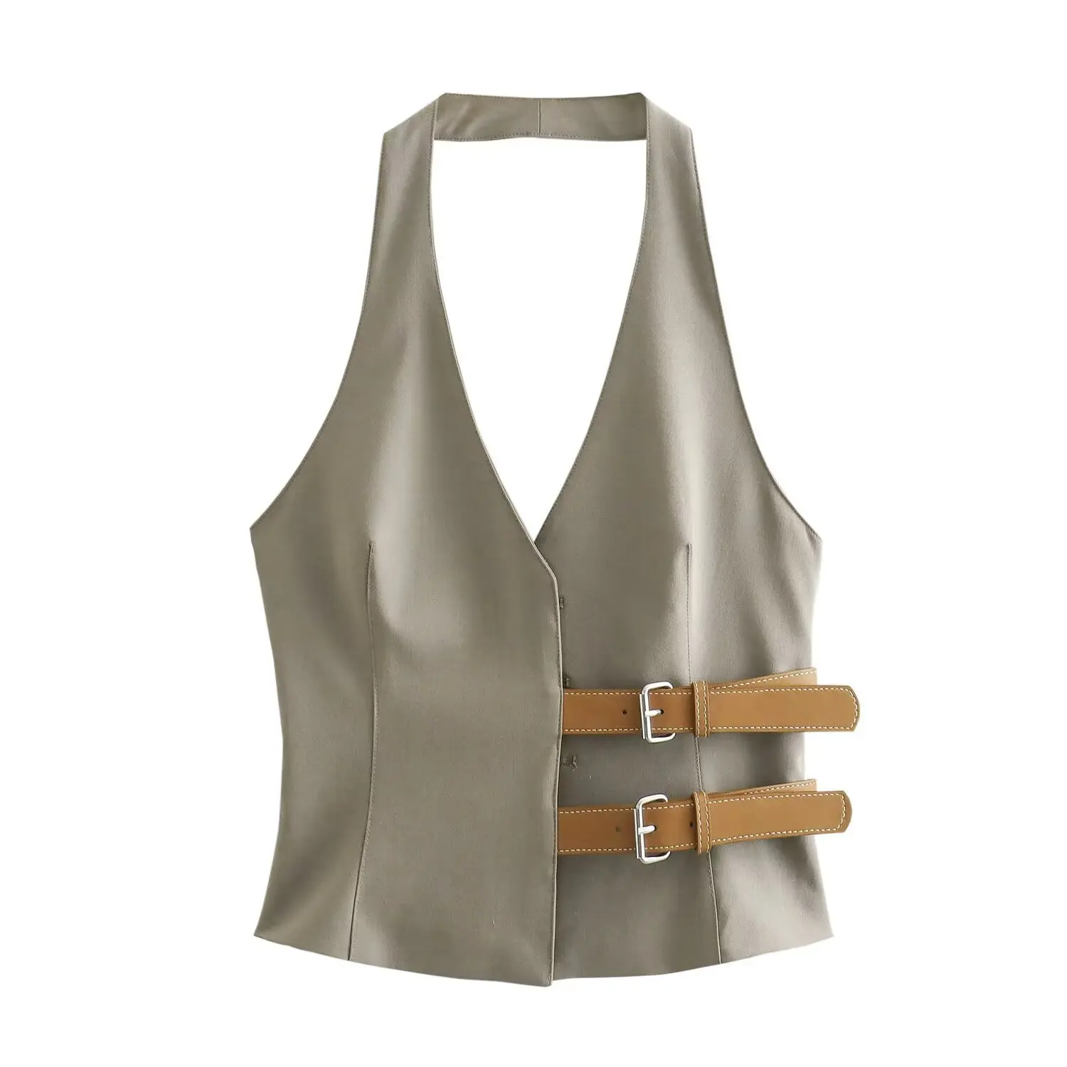 Women Fashion Leather Belts V-neck Halter Vest Elegant Sleeveless Backless Female Tanks Y2k 2024 Spring Summer Lady Waistcoat