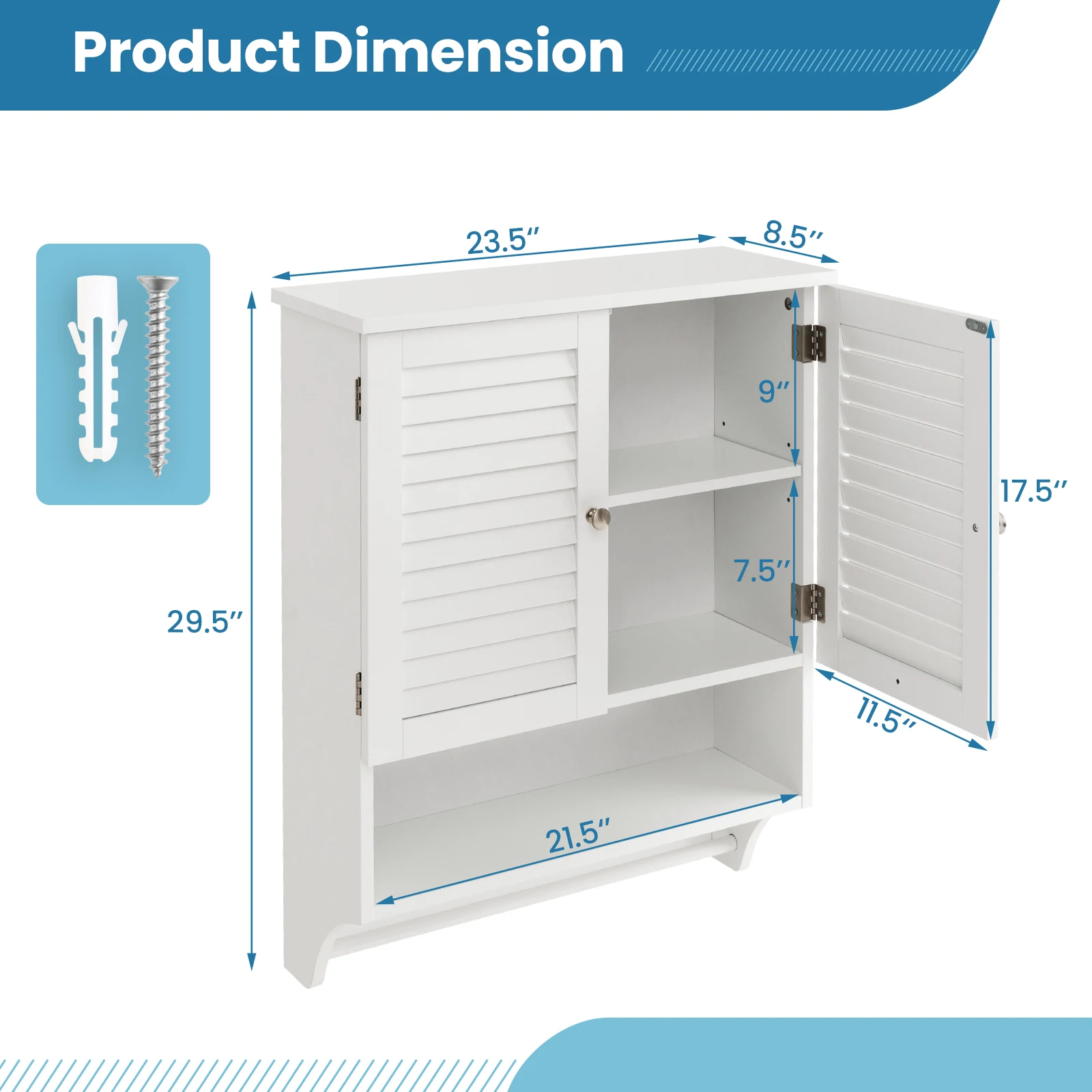 Bathroom Wall Mounted Medicine Cabinet w/ Louvered Doors & Towel Bar White