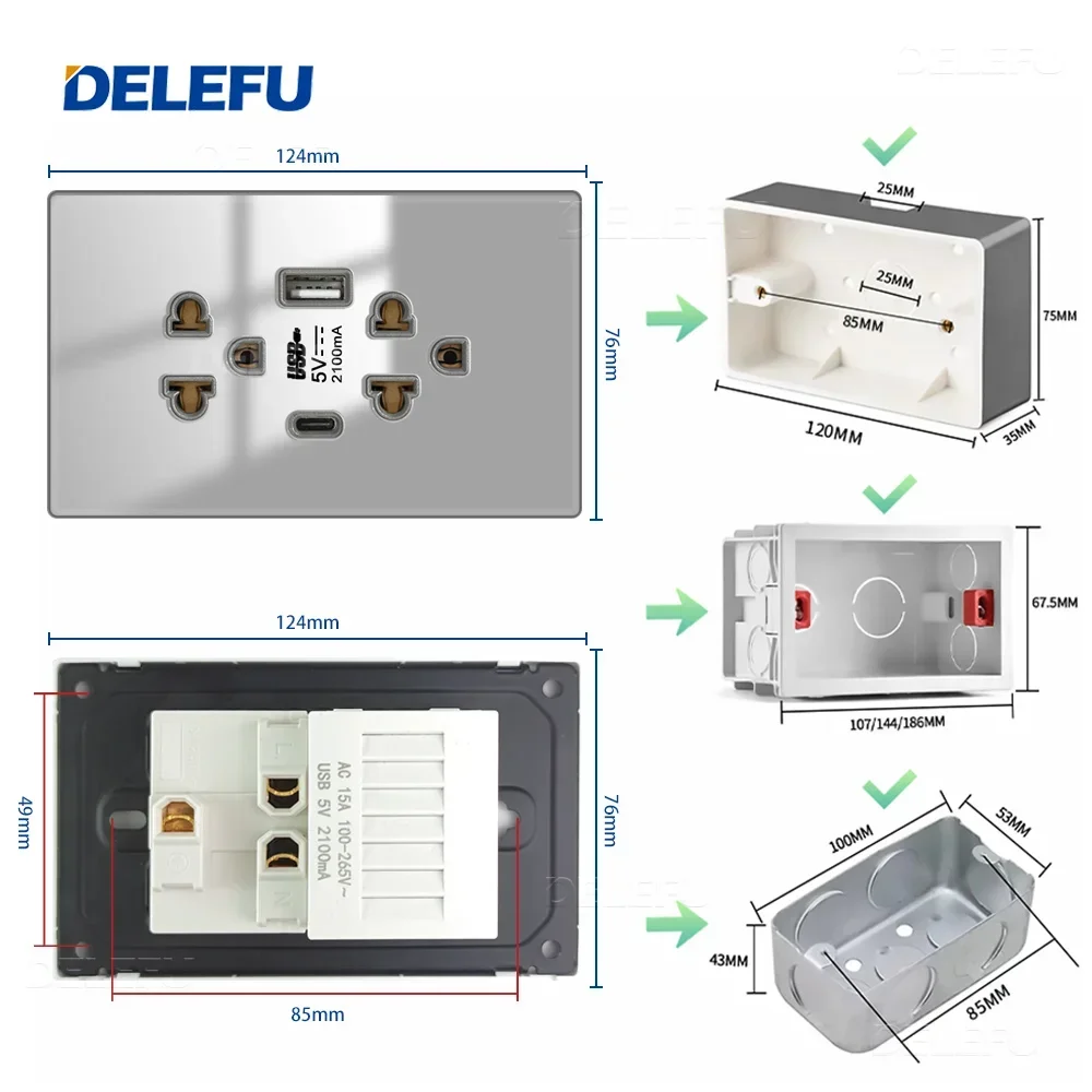 DELEFU Tempered Glass Connected Panel American Thai Standard Socket 124*76mm USB Type C Wall Socket Grey