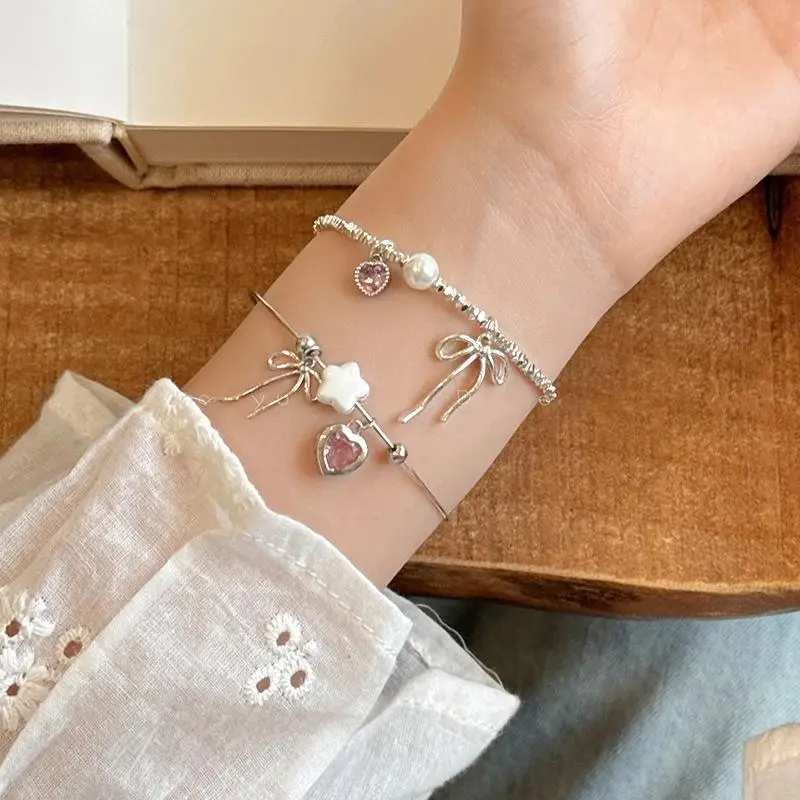 Romantic Pink Crystal Heart Pendant Bangles For Women Silver Color Small Square Bead Bow Bracelet Good Friend Jewelry Gift