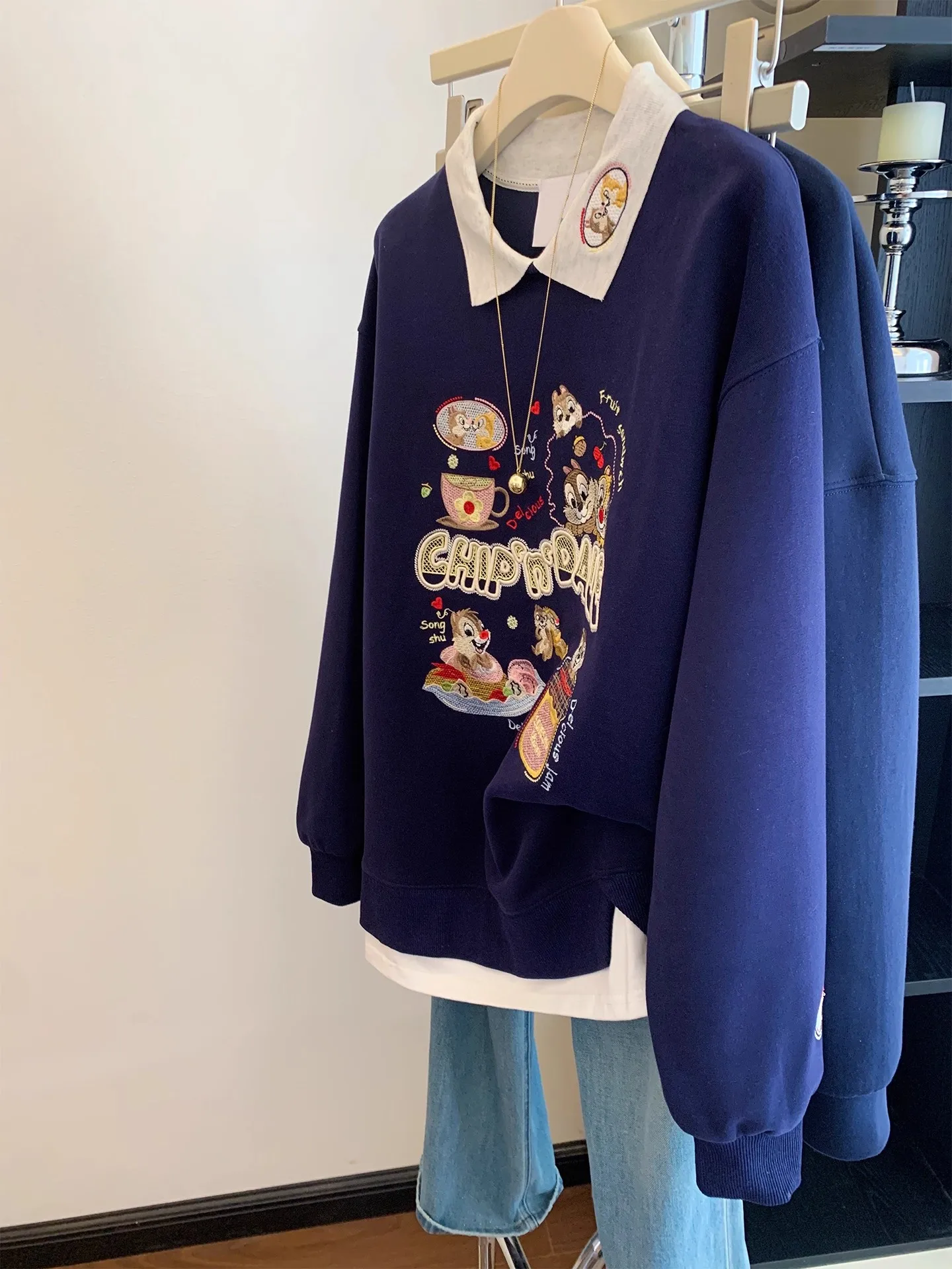 

Casual Sle Embroidered Cartoon Pattern Heavyweight Fce Lined Loose Fit Collar Sweatirt Women's Two-Piece Look Hoodie