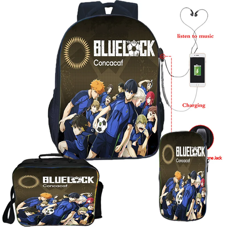 

Подростковый синий замок, аниме, рюкзак с зарядкой через USB, сумка для обеда, сумка для ручек, 3 шт., забавные игровые студенческие рюкзаки, легкий рюкзак на заказ