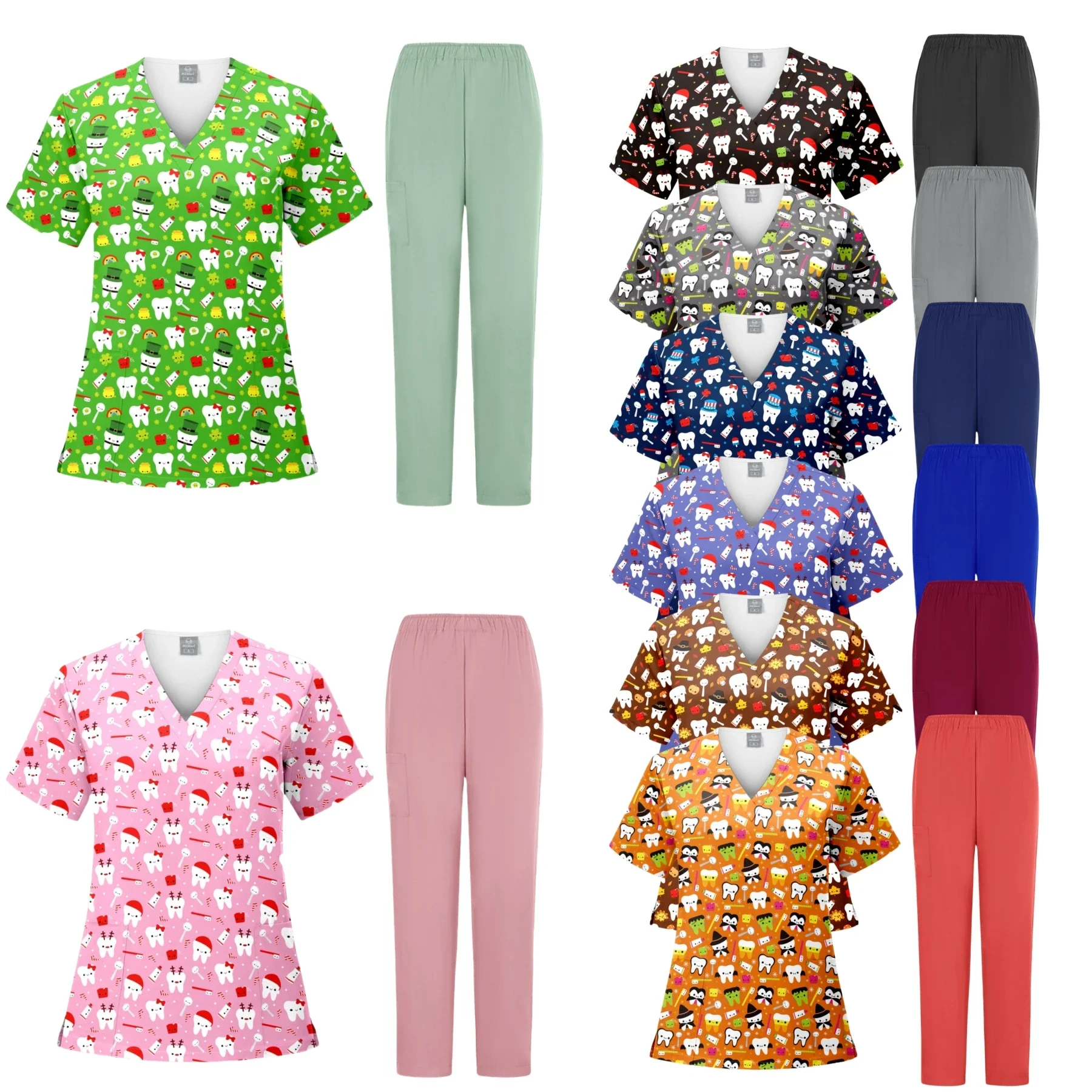 

Wholesale Cartoon Printing Scrubs Set Dentist Uniformes Clinical Mujer Pet Doctor Work Clothes Scrubs Workwears Women Uniforms