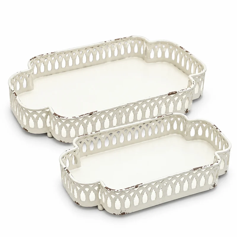 Vintage White Decorative Metal Tray with Ornate Pierced Edge, Distressed Finish, Footed Serving Tray, 30cm x 21cm x 6cm