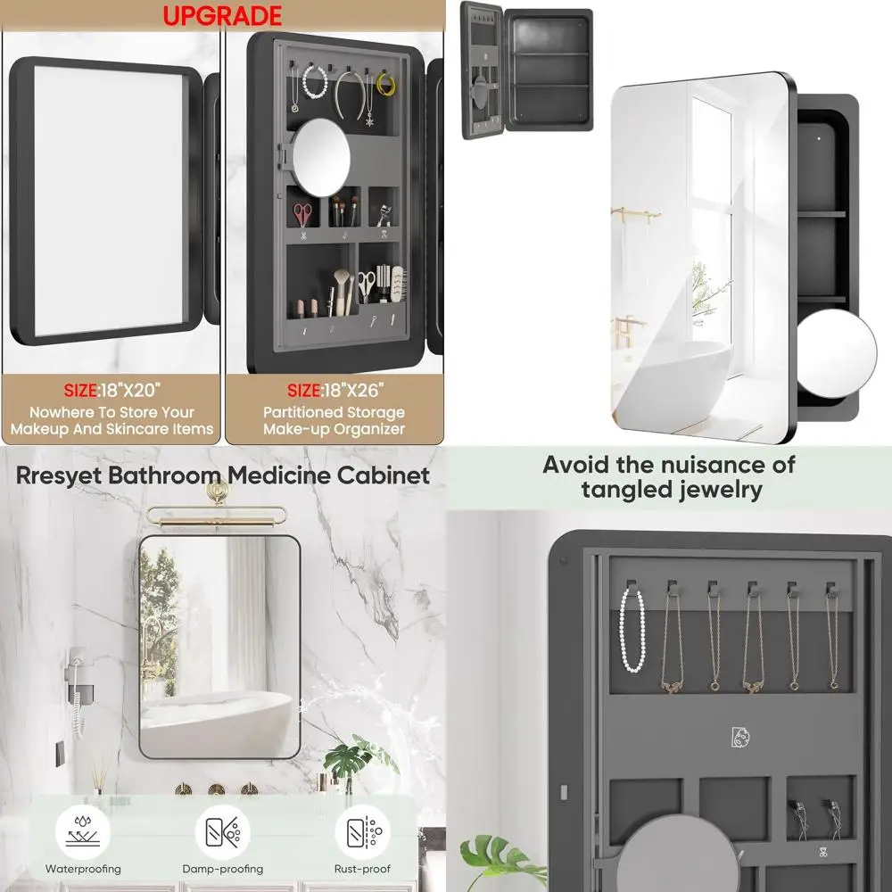 18 x 26 LED-Lit Mirror Cabinet with 3X Magnification, Adjustable Shelves, Wall-Mount Medicine Storage for Bathroom Essentials