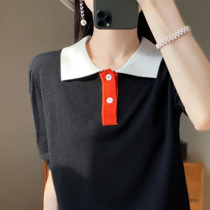 

Ladies' Knitted Wool Short Sleeve Neck T-Shirt Loose Fit Summer New Style Korean Version Slimming Half Sleeve Top