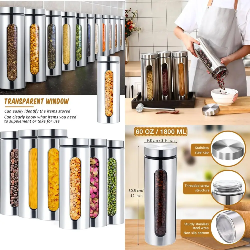

Airtight Stainless Steel Canisters Set with Glass Windows for Coffee, Sugar, Tea, Candy Storage - 60 oz Kitchen Storage Containe