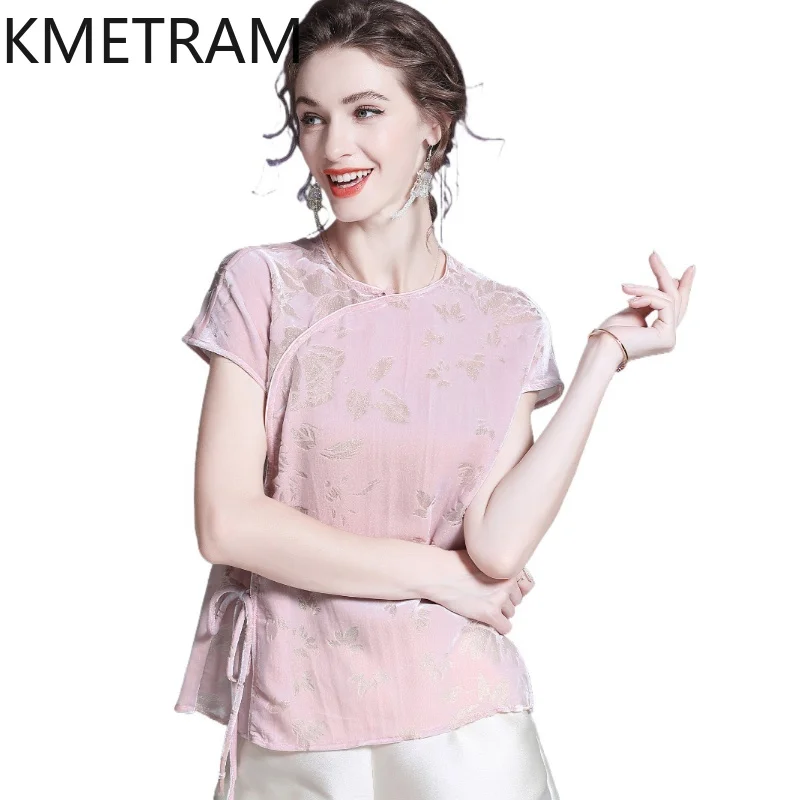 KMETRAM 47% Mulberry Silk Women's T-shirts 2026 Spring Chinese-style Velvet Pink Short-sleeved Tops Woman Clothes Blusa Feminina