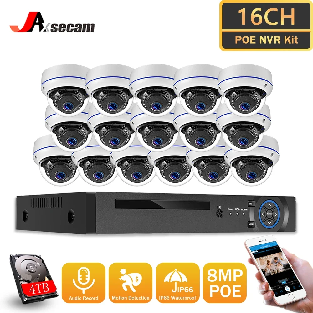 

H.265 16CH 4K CCTV Security Camera System 8MP Outdoor IP66 Waterproof Audio Dome POE IP Camera Video Surveillance NVR Kit HDMI