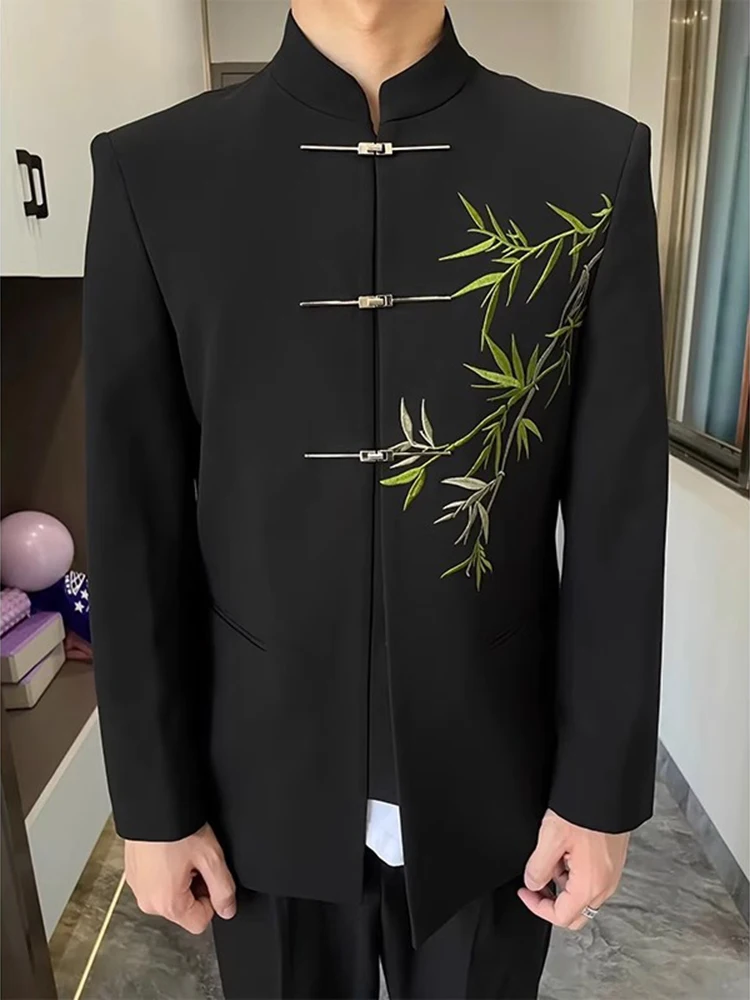 

Новый китайский мужской костюм из бамбука с вышивкой и воротником-стойкой, Zhongan, молодежный тренд, весна-осень, свободный крой