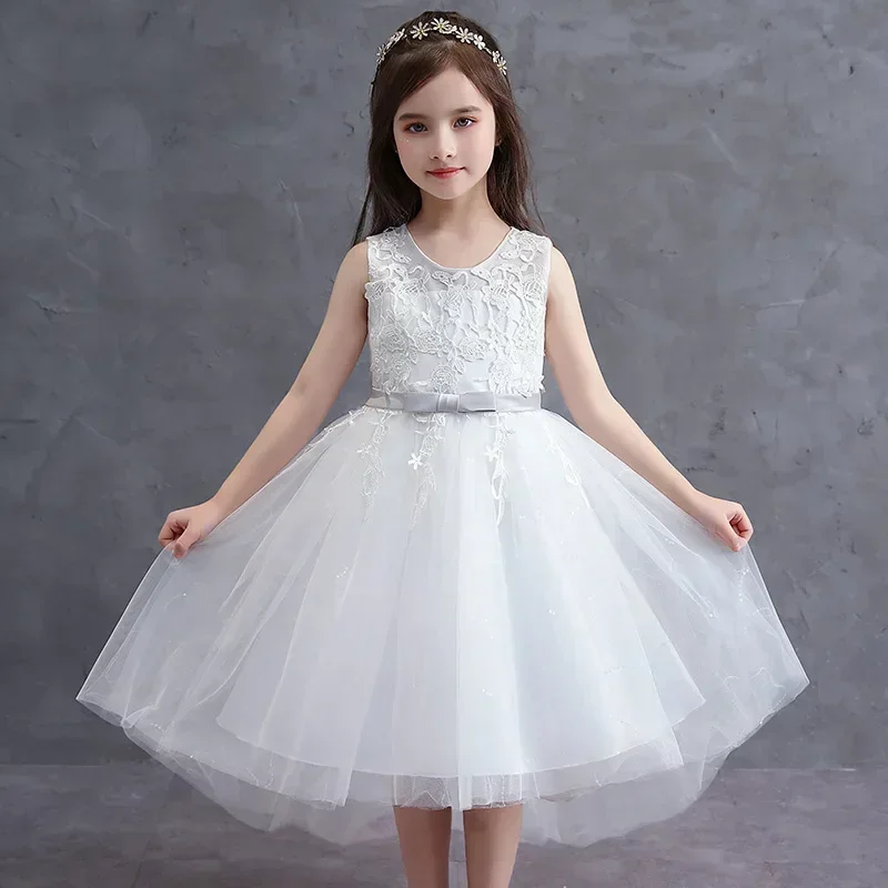 Vestido de novia blanco para niños, falda de princesa, ropa para niños, vintage, sin mangas, cintura alta, esponjoso, Primavera, 2022