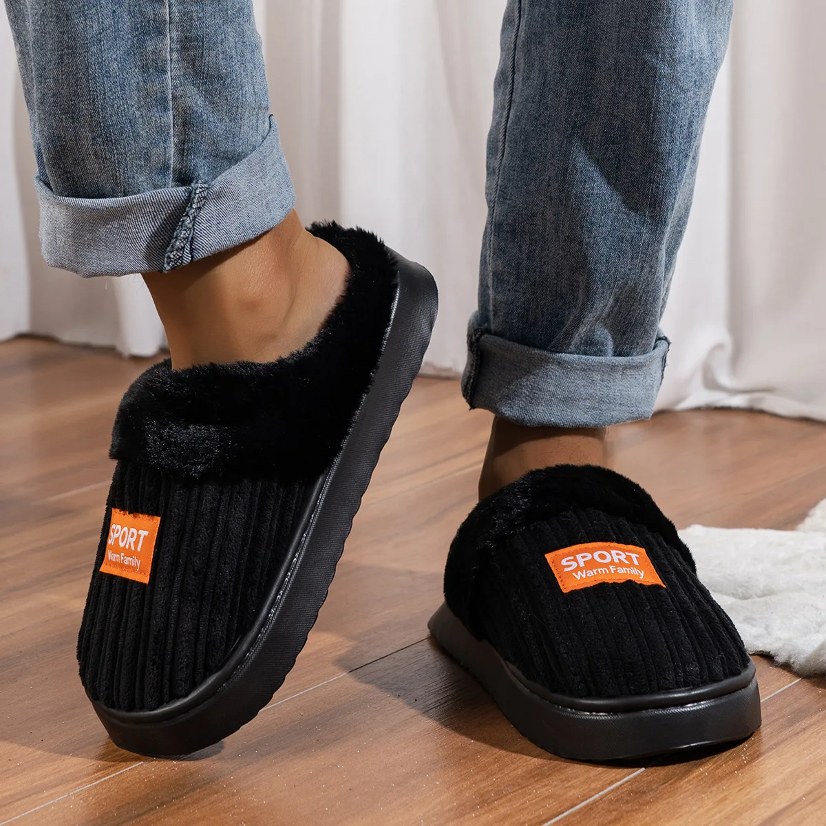 Plus Size Shoes for Men Winter Fashion Round Toe Short Plush Warm Comfortable Slip on Non-slip House Slippers Men Footwear