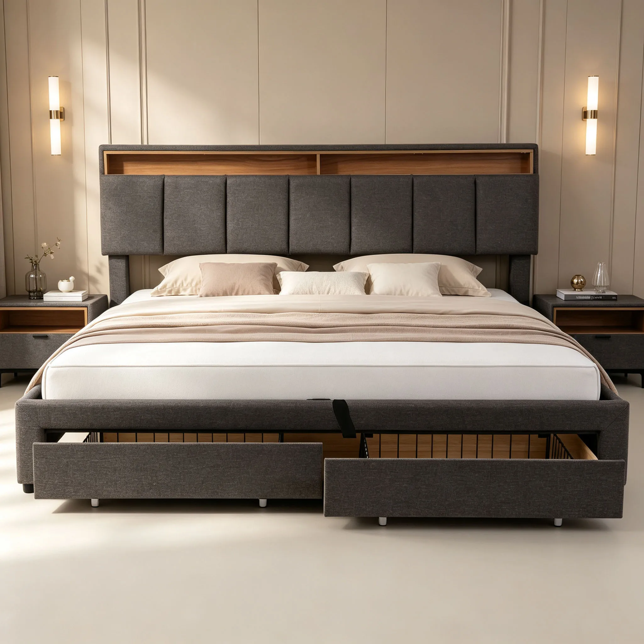 Letto matrimoniale Superaly, 180x200 cm, struttura letto rivestita in lino grigio, letto con sistema di stoccaggio idraulico, con vano contenitore nella testiera e cassetti sotto il letto, piattaforma