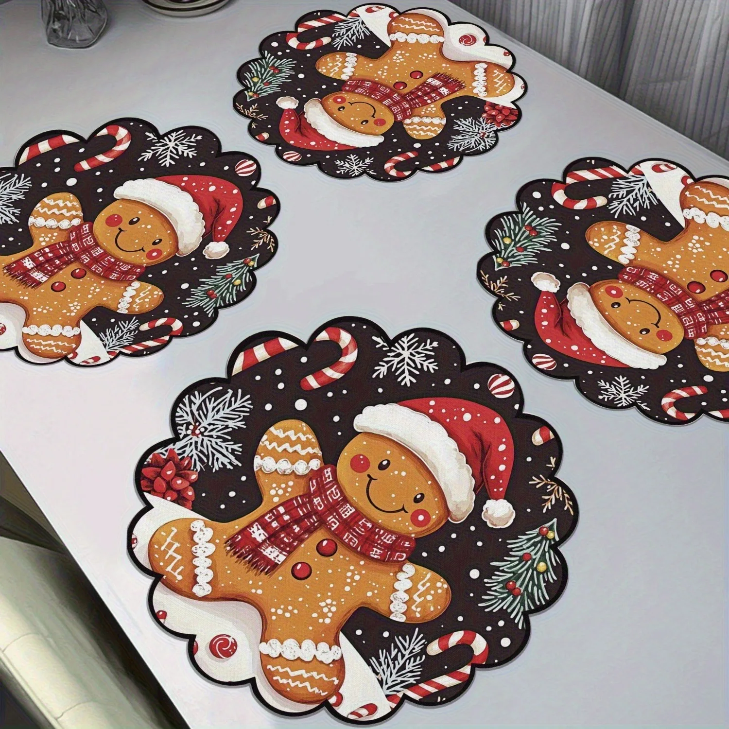 2Pcs Christmas Circular Waves Placemats Non Slip Heat Resistant Table Mats Winter Dining Party Christmas Decor Round Tablecloth