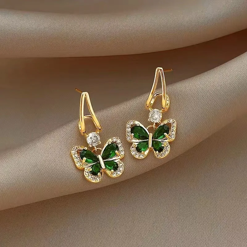 Green Butterfly Zircon Crystal Pendant Earrings for Women Personality Party Ear Jewelry Wholesale Girl Gift