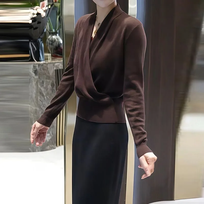 

Ele Cross V-Ne Knitwear High Waist Slimming Top for Women Sli Design Comfortable Fit Long Sve Polyester irt