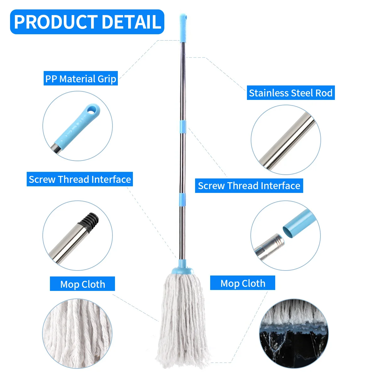 Cotton thread Mops Stainless steel Handle Manually Dehydration Mops Circular Household Cleaning mops floor cleaning tools