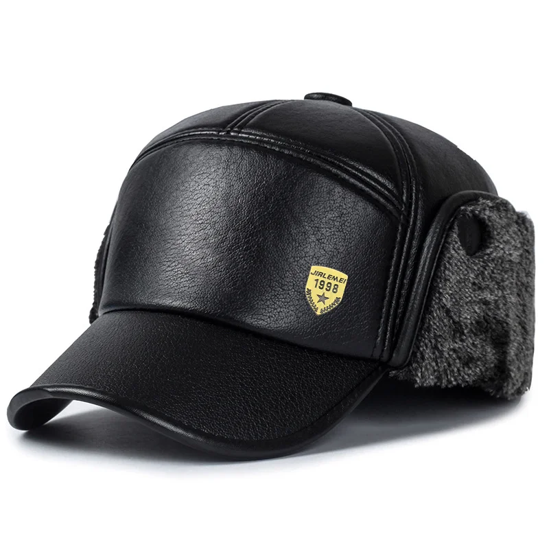 New Warm Winter Cap Black leather Fur Baseball Cap Hats For Men Snapback Women Casquette Bones Dad Caps Gorras Earflaps Thicken