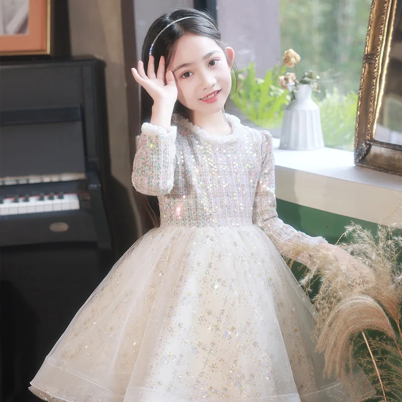 2024Girls' New Spring, Summer, Autumn and Winter Birthday Host Piano Playing Little Flower Girl Elegant Graceful High-End Puffy