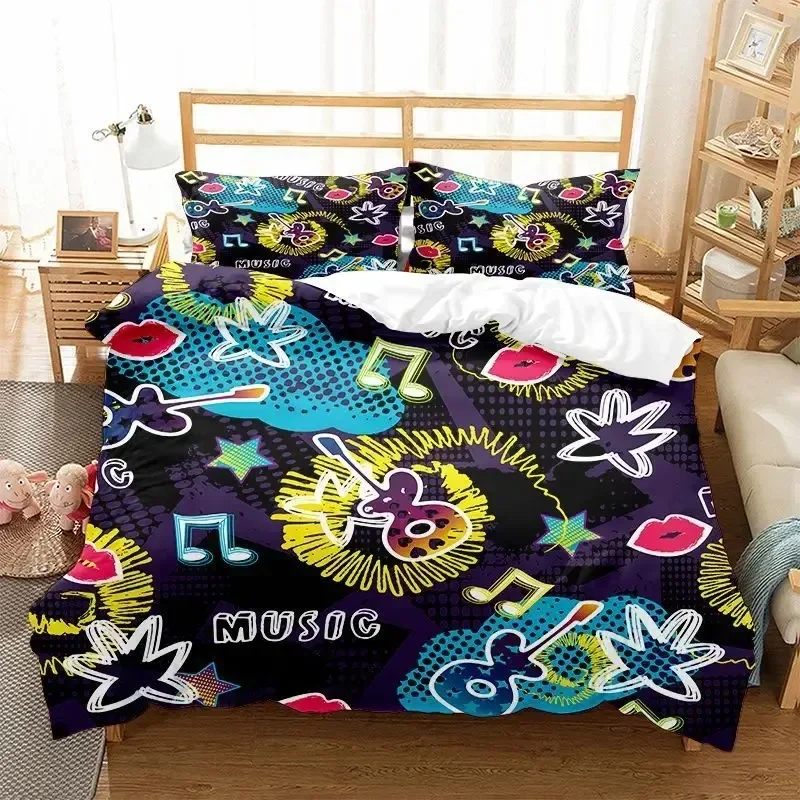 Graffiti Duvet Cover Set Cute Hip Hop Style Polyester Comforter Cover with Pillowcase Queen Full Size for Kid Teen Bedding Set
