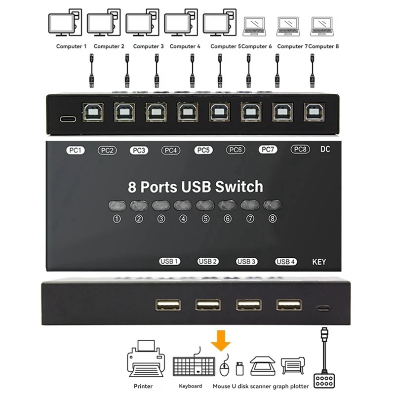 윈도우 10 컴퓨터 PC 키보드 마우스 프린터 공유 컨트롤러, 8 인 4 아웃 USB KVM 스위치