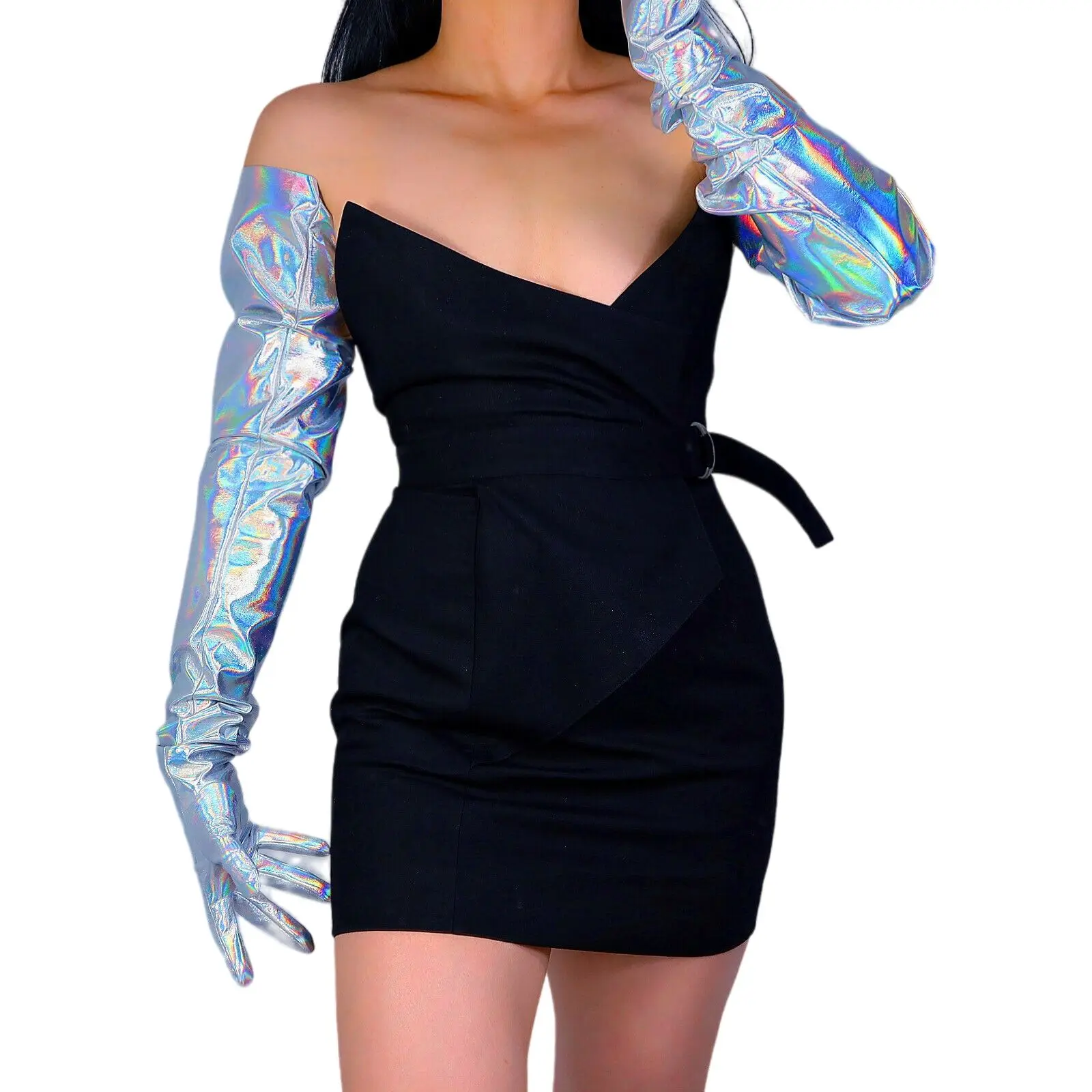 

DooWay LATEX GLOVES Holographic Silver Mermaid 90CM Shoulder Long Faux Patent Leather Christmas Party Fashion Costume Glove