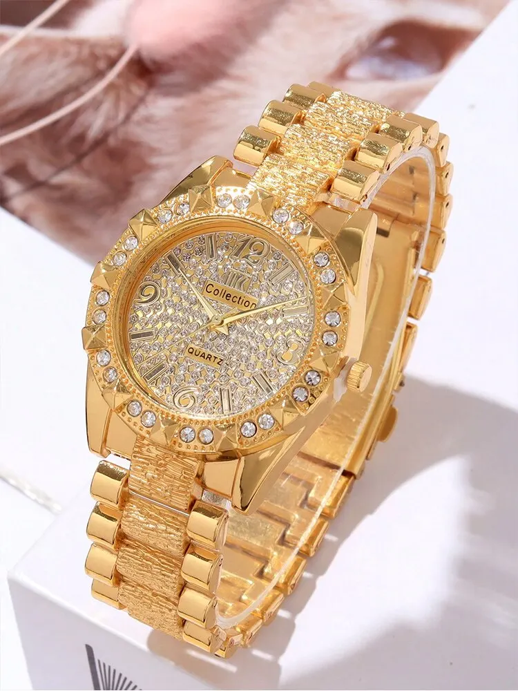 2PCs Women\'s Fashion Versatile Diamond Steel Band Gold Quartz Watch+Bracelet Set