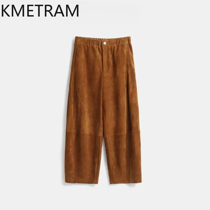 KMETRAM Genuine Leather Pants Baggy Goatskin Suede High Waist Trousers Sickle Wide Leg Pants for Woman Clothing Pantalon Femme