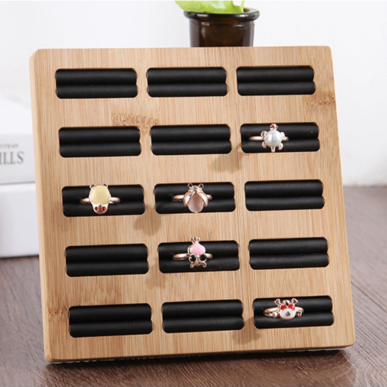 

Bamboo Wood 15 Grids Jewelry Organizer Ring Tray Holder Earrings Storage Display Tray Jewelry Counter Display Props