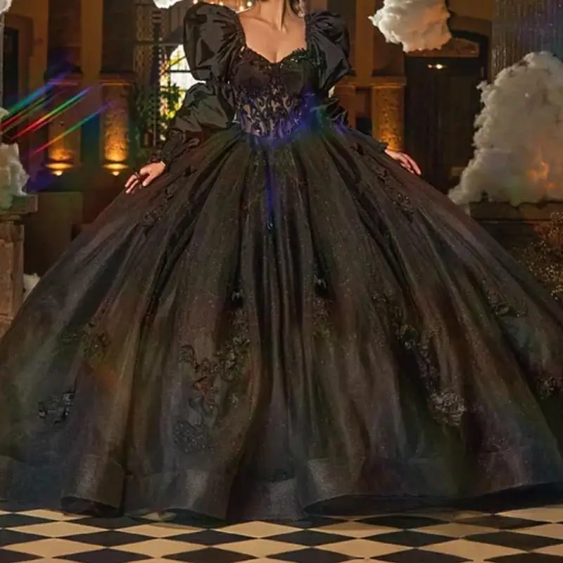 Customized Gothic Black Women Party Prom Dresses V Neck Beading Puffy Skirt Occasion Formal Vestido De xv Quinceanera Sweet 16