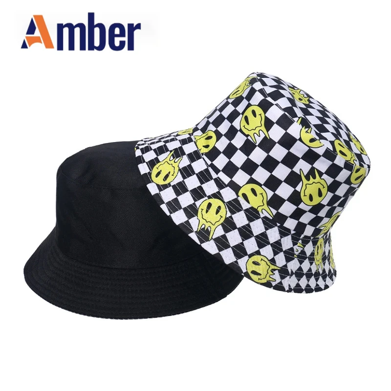 

Amber Smile Face Bucket Hat Plaid Panama Fisherman Hats Women Men Yellow Face Cartoon Bob Cap Hip Hop Foldable Sun Outdoor Caps