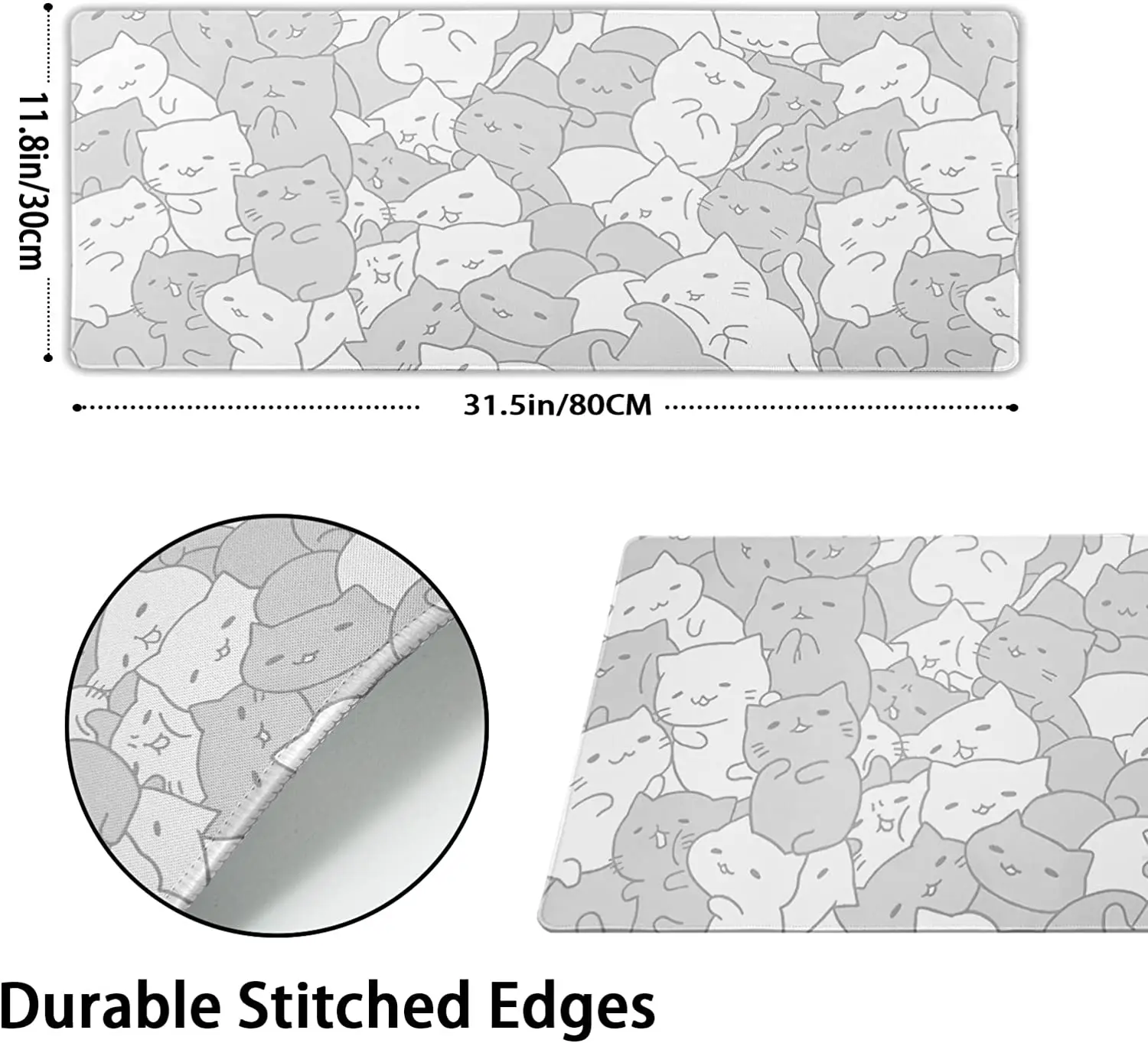 XL Cute Anime Kittens Desk Mat Non-Slip Rubber Base Stitched Edge Long Keyboard Mousepad for Computer Laptop 31.5×11.8 Inches