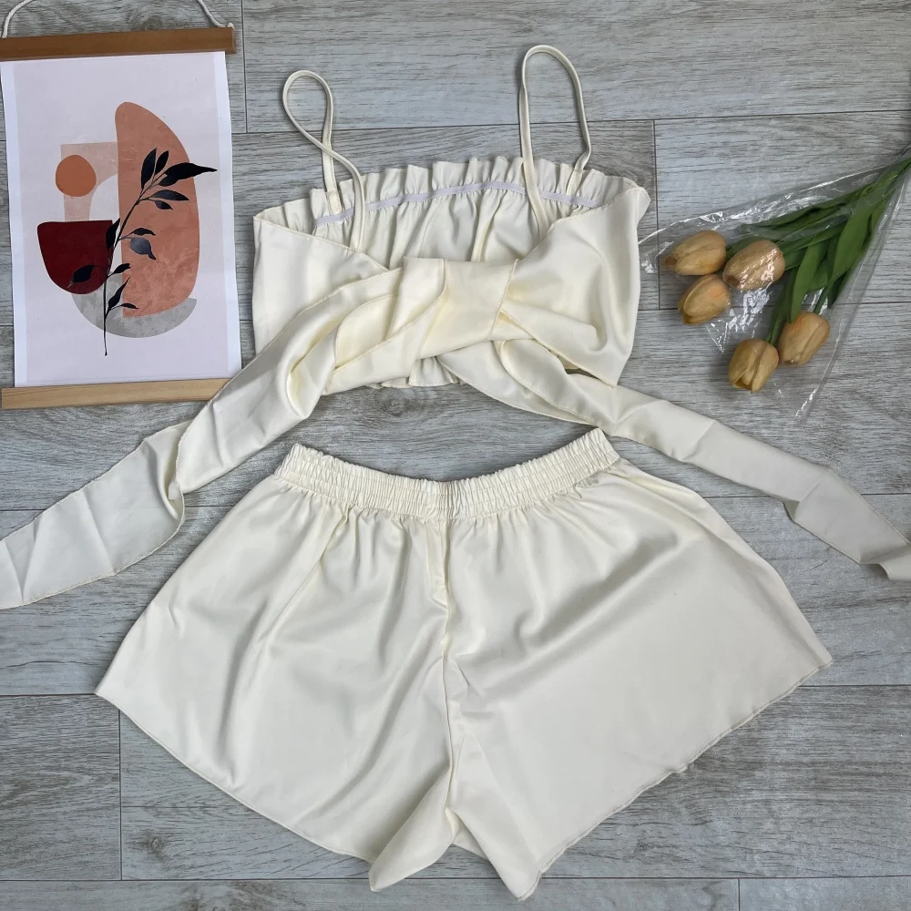 Terno feminino de duas peças com babados, top + shorts confortáveis, pijama de verão, roupas casuais para casa, cor sólida, conforto