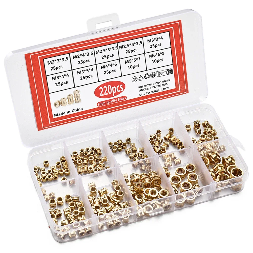 220PCS/1Set M2 M2.5 M3 M4 M5 M6 Brass Heat Insert Nut Hot Melt Nutinsert Thread Knurled Double Twill Embedment Nuts