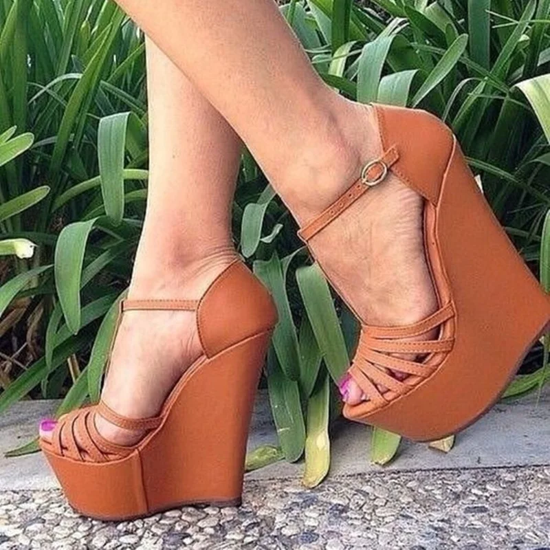 Brown Leather Strappy Wedge Sandals Open Toe Ankle T Strap Wedge Shoes Cutouts Hollow High Platform Outside Dress Shoes