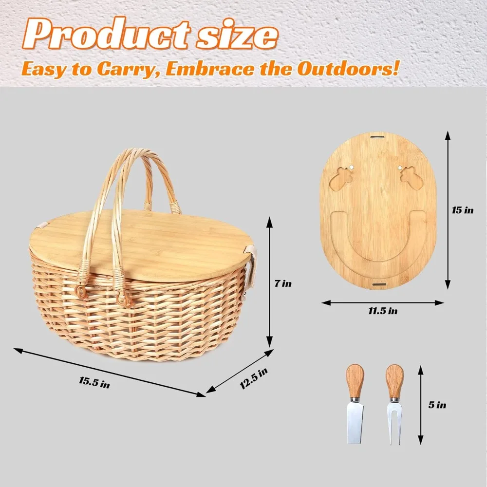 مجموعة سلة نزهة من الخيزران المحمولة مع لوح تقطيع وبطانية - هدية مثالية للأزواج وحفلات الزفاف والنزهات العائلية