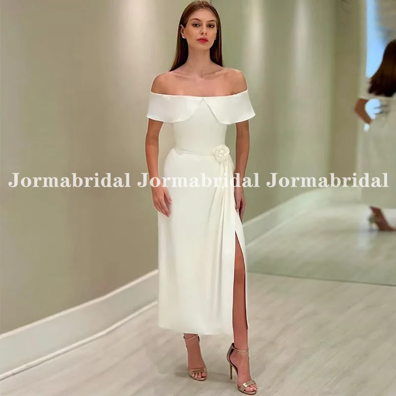 Boat Neck Short Wedding Dress Off the Shoulder Side Split Ivory Chiffon Bridal Gown vestido Formal Beach Bridal Gowns Customized
