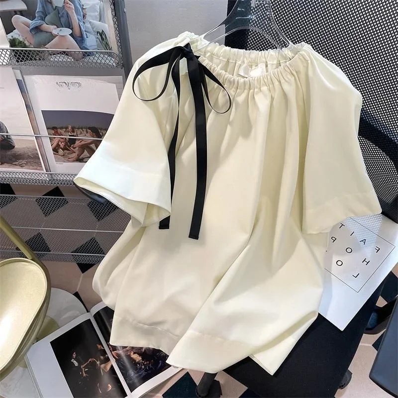 

EBAIHUI French Solid Color Women's Shirt Lace Up Design Ladies Short Sleeved Blouse Summer Loose Oversized Style Blusas