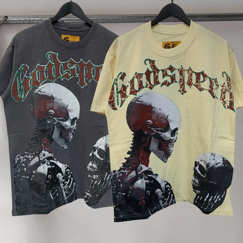 

High Quality Skull Graffiti Print GOD SPEED T-shirt Men's Women's Hip Hop Vintage Letters Classic Loose Short Sleeve Top