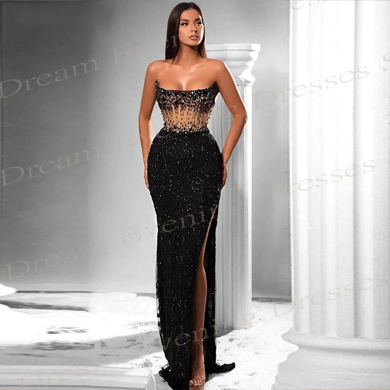 2025 Charming Mermaid Exquisite Evening Dresses Strapless Sleeveless Beading Sequined Prom Gowns Side Split For Women Customized