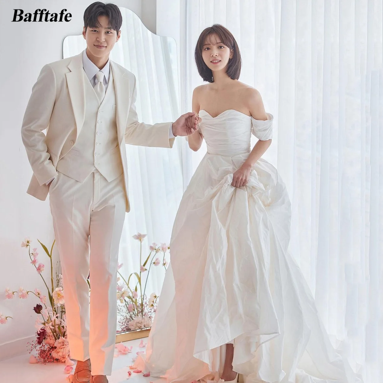 Bafftafe Simple A Line Taffeta Korea Wedding Dresses For Bride Sweetheart Formal Party Dress Off The Shoulder Long Bridal Gowns