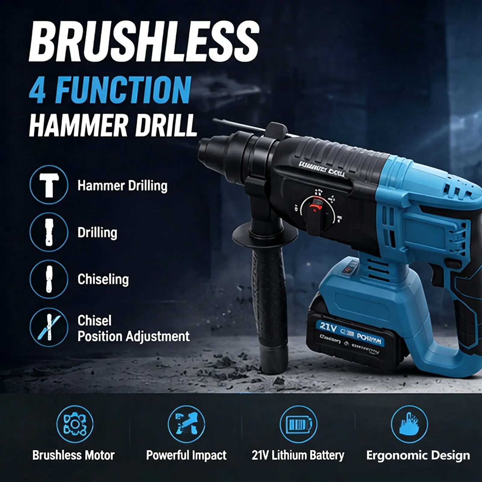 

21V Brushless Hammer Drill 4 Function SDS Chuck 3500rpm 26mm 360° Rotating Handle for Concrete Wood For Makita 18V Battery Pin