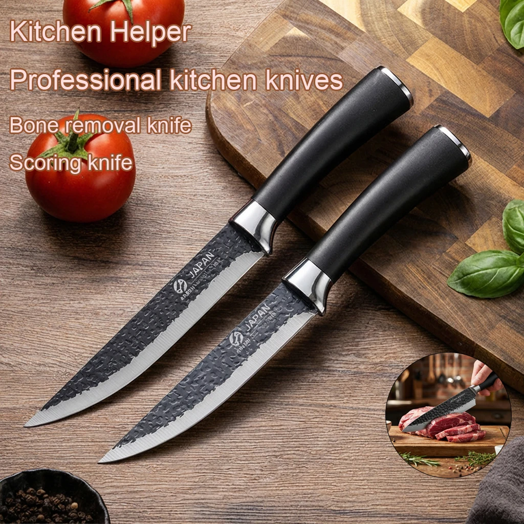Kitchen cooking knives - stainless steel boning knife, meat cutting knife, sharp slicing knife, pig and sheep slaughtering knife