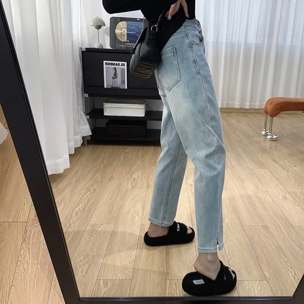 

Утягивающие брюки-багет с высокой талией на флисовой подкладке для женщин, прямые джинсы с боковым разрезом, свободный крой на осень-зиму