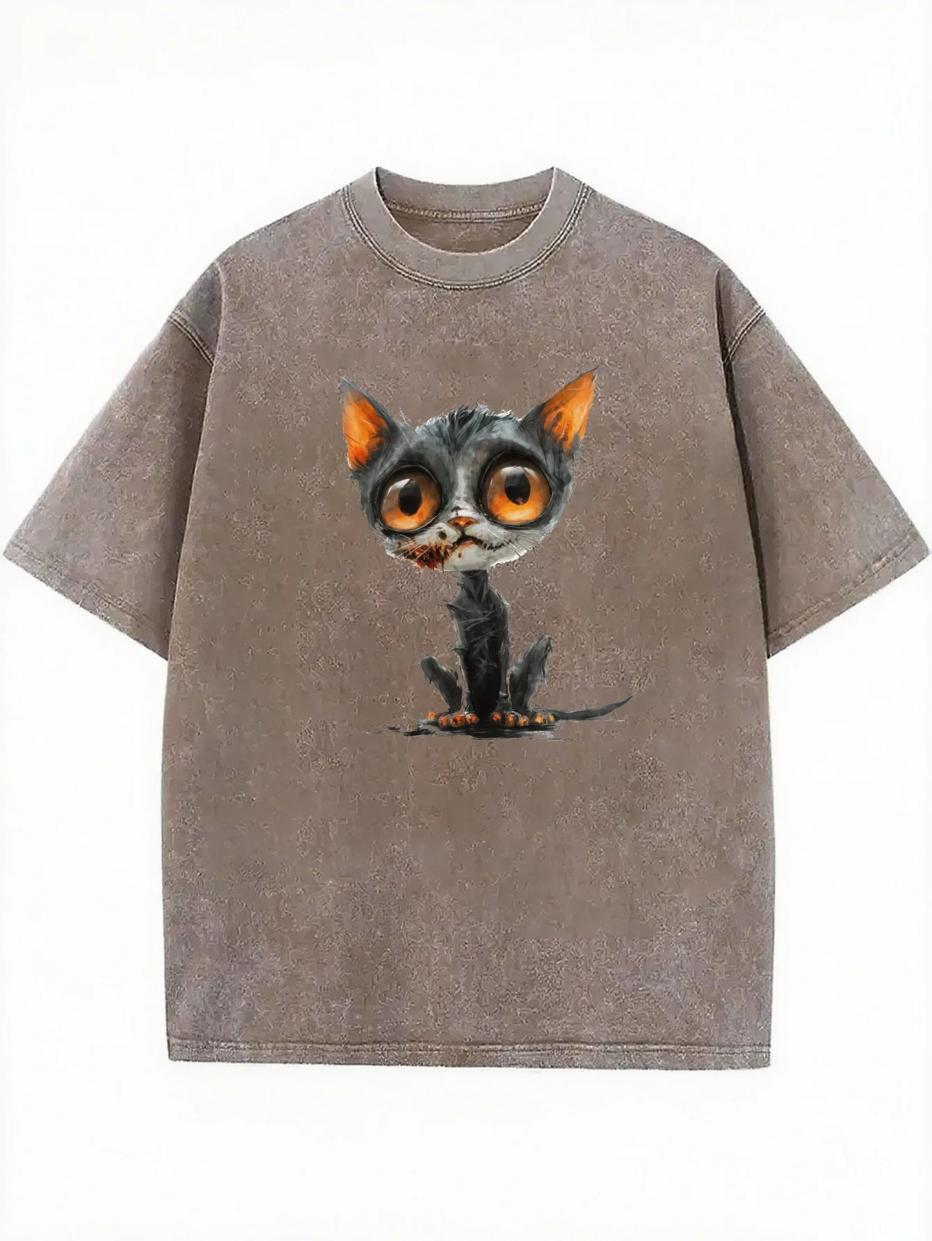 

Zombie cat Women’s Comfortable Printed Round Neck Washed T-shirt Loose Fit Halloween Best Selling Style