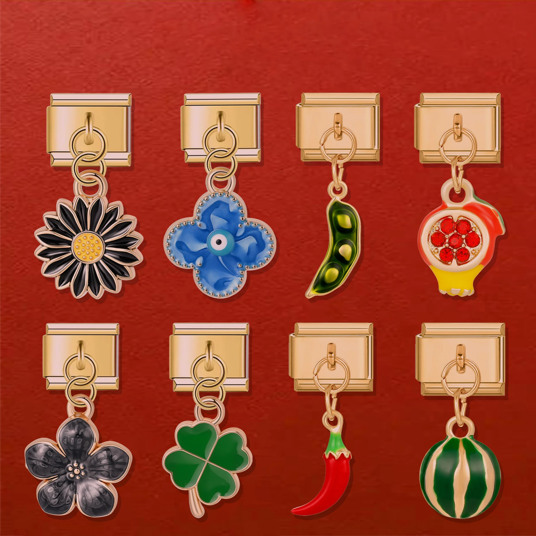 1pc Stainless Steel Pendant Idyllic Flower Watermelon Pomegranate Four Leaf Herb Red Pepper Green Pod Daisy Simple Module