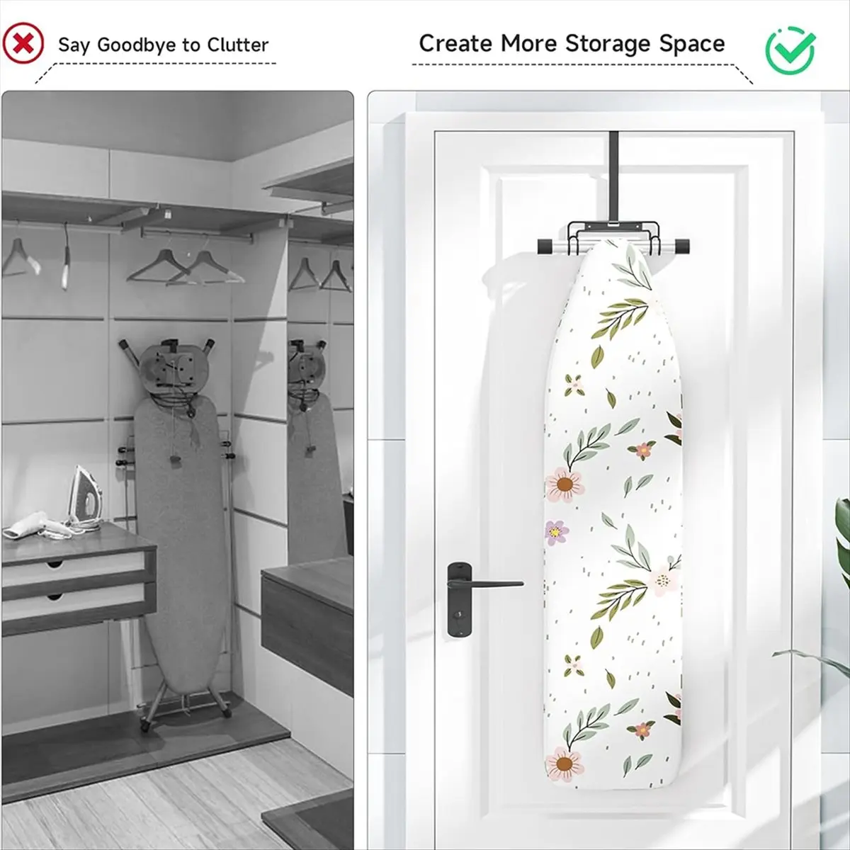[Promotions]Over the Door & Wall Mount Ironing Board Hanger with Removable Hook, Ironing Board Holder Organizer Wall Rack